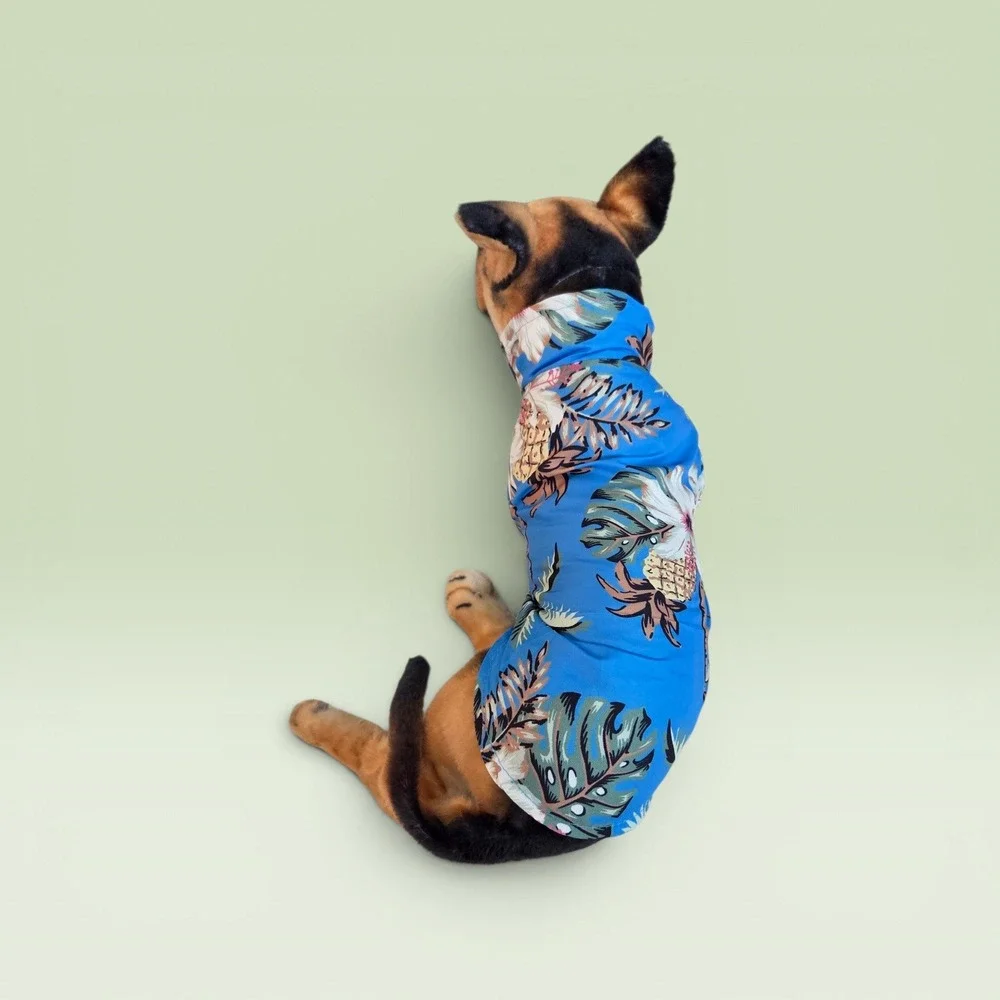 Blue Tropical Pineapple Hibiscus Print Pet Dog Shirt Small Hawaiian Aloha‎